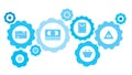 Connected gears and vector icons for logistic, service, shipping, distribution, transport, market, communicate concepts.