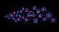 Connected icons in red and blue hues represent cloud computing concepts, such as Royalty Free Stock Photo