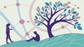 Connected Learning: People Under Tree Network, vector design Generative AI Royalty Free Stock Photo
