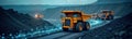 Connected mining vehicles move along digitally optimized route in quarry. Tech solutions improve efficiency, planning. Innovation