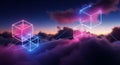 Connected neon cubes adrift in a surreal cloudscape at sunset Royalty Free Stock Photo