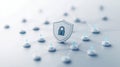 Connected network with a security shield at the core, representing distributed data protection, cybersecurity, and the secure i