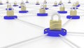 Connected platforms in blue with golden padlocks on top cybersecurity network security