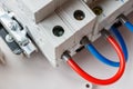 Connected ports of automatic circuit breakers by red and blue wires closeup Royalty Free Stock Photo