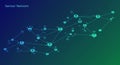 Connected sensor icons form a network on a gradient blue-green background, with Royalty Free Stock Photo