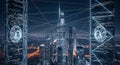 Connected skyscrapers illuminated at night with digital network lines, cityscape background Royalty Free Stock Photo