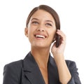 Always connected to her clients. Studio shot of a young businesswoman talking on her mobile phone isolated on white. Royalty Free Stock Photo