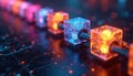 Connected transparent cubes form digital chain. Glowing nodes link together representing data transfer. Network structure shows Royalty Free Stock Photo