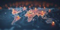 Connected way marks or highlighted points, show the way to the desired destination on a route on a world map