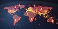 Connected way marks or highlighted points, show the way to the desired destination on a route on a world map