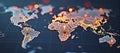 Connected way marks or highlighted points, show the way to the desired destination on a route on a world map