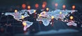 Connected way marks or highlighted points, show the way to the desired destination on a route on a world map