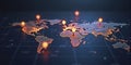 Connected way marks or highlighted points, show the way to the desired destination on a route on a world map