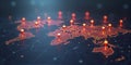 Connected way marks or highlighted points, show the way to the desired destination on a route on a world map