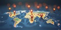 Connected way marks or highlighted points, show the way to the desired destination on a route on a world map