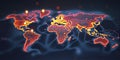 Connected way marks or highlighted points, show the way to the desired destination on a route on a world map