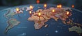 Connected way marks or highlighted points, show the way to the desired destination on a route on a world map