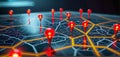 Connected waymarks or highlighted points, show the way to the desired destination on a route on a map or in a landscape