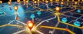Connected waymarks or highlighted points, show the way to the desired destination on a route on a map or in a landscape