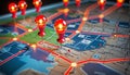 Connected waymarks or highlighted points, show the way to the desired destination on a route on a map or in a landscape