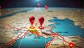 Connected waymarks or highlighted points, show the way to the desired destination on a route on a map or in a landscape