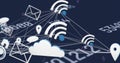 Connecting cloud icon with wifi signals, email envelopes and map pins over dark grid, data network Royalty Free Stock Photo