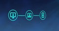 Connecting devices, icons of desktop, laptop, and smartphone in digital network