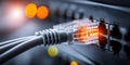 Connecting ethernet cable to network switch in a modern data center with glowing lights Royalty Free Stock Photo