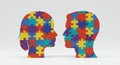 Connecting Minds Puzzle Pieces of Understanding Two heads formed from colorful puzzle pieces symbolize connection