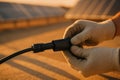 Connecting solar panel wiring on a sunny roof, generative ai Royalty Free Stock Photo