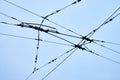 Connecting wires for clean city transportation upward abstract view with overcast sky