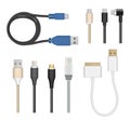 Connection cables. Computer and mobile devices charging cord electric cable plugs usb pc vector realistic collection