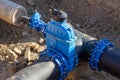 Connection of the construction of main city water blue supply pipeline. Royalty Free Stock Photo