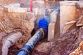 Connection of the construction of main city water blue supply pipeline. Royalty Free Stock Photo