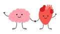 Connection of cute healthy happy brain and heart characters. Relation health of human brain and heart. Unity of logic Royalty Free Stock Photo