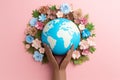 Global human blue communication earth ecology eco pink responsibility environment world concept hand Royalty Free Stock Photo