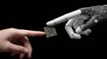 Connection Between Human Touch and Advanced Technology in a Digital Scene Highlighting a Microchip and a Robotic Hand Royalty Free Stock Photo
