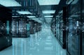 Connection network in servers data center room storage systems 3D rendering Royalty Free Stock Photo