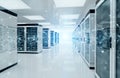 Connection network in servers data center room storage systems 3D rendering Royalty Free Stock Photo