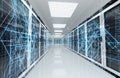 Connection network in servers data center room storage systems 3D rendering Royalty Free Stock Photo