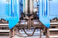 Connection between passenger cars train on the railway, close up. Buffer automatic coupling Royalty Free Stock Photo