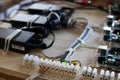 Connections of a circuit that manages LED strips in an interactive lighting prototype. Microcontroller in