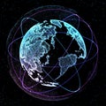 Connections global communication orbits in the world map view on dark space background. 3d illustration Royalty Free Stock Photo