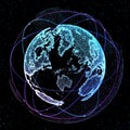 Connections global communication orbits in the world map view on dark space background. 3d illustration Royalty Free Stock Photo