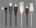 Connector realistic. Cable plug for devices charging and connection mobile wire lightning usb type-c vector set