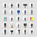 Electric plug, connectors and jack flat line icons set. Collection Connection technology, connector electric power, mobile devices Royalty Free Stock Photo