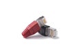 Connectors RJ45 6 category with red and black caps on a white background Royalty Free Stock Photo