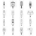 Electric plug, connectors and jack flat line icons set. Collection Connection technology, connector electric power, mobile devices Royalty Free Stock Photo