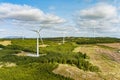 Connemara aerial landscape with wind turbines of Galway Wind Park located in Cloosh Valley, County Galway. Largest onshore wind