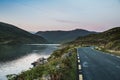 Connemara loop or road as the sun sets on Killary Fjord, Connemara National Park. Western Ireland sunset on the scenic N59 route